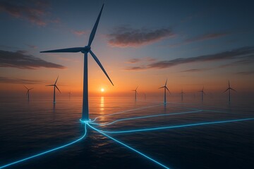 Harnessing the Wind's Power: A mesmerizing scene of offshore wind turbines standing tall against a vibrant sunset sky, as they generate clean energy over the vast ocean.