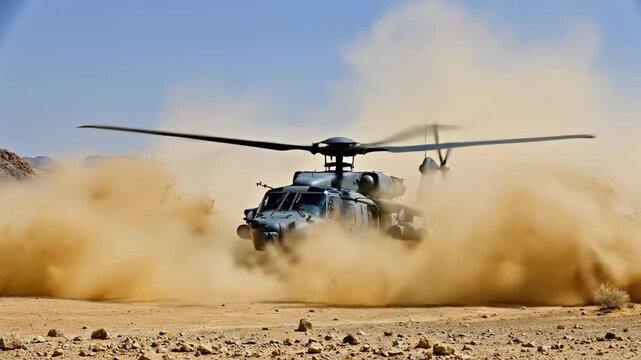 Military combat helicopter landing in a desert environment. The powerful rotor wash creates a massive cloud of sand and dust. Special operations or search and rescue mission concept