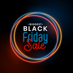 Vibrant neon circles illuminate the biggest black friday sale announcement with a modern and energetic feel