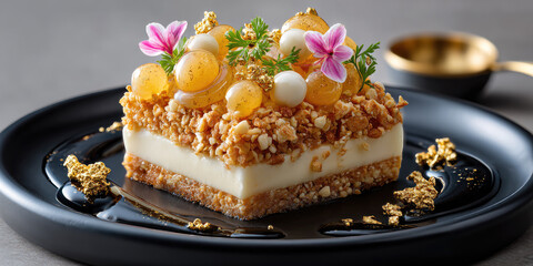 Layered dessert with creamy base and crunchy nut crust, adorned with golden spheres, delicate blossoms, edible gold flakes, and green garnish, presenting elegance and sophistication
