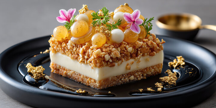 Layered dessert with creamy base and crunchy nut crust, adorned with golden spheres, delicate blossoms, edible gold flakes, and green garnish, presenting elegance and sophistication