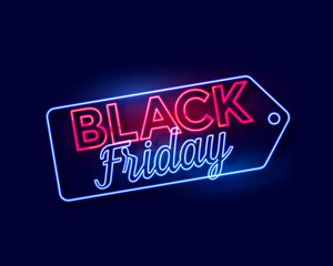 Vibrant neon sign displaying black friday sale message in red and blue glowing lights on dark background