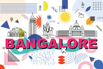 Bangalore culture travel set, famous architectures, specialties flat design. Business travel, tourism concept clipart in Memphis style. Image for presentation, banner, website, advert, flyer, roadmap