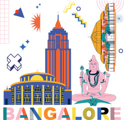 Bangalore culture travel set, famous architectures, specialties flat design. Business travel, tourism concept clipart in Memphis style. Image for presentation, banner, website, advert, flyer, roadmap
