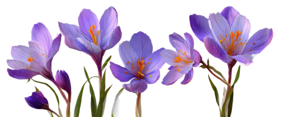 Close-up of four crocus flowers, vibrant purple petals,  with  orange centers,  on a black background