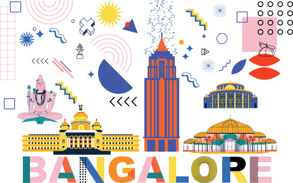 Bangalore culture travel set, famous architectures, specialties flat design. Business travel, tourism concept clipart in Memphis style. Image for presentation, banner, website, advert, flyer, roadmap