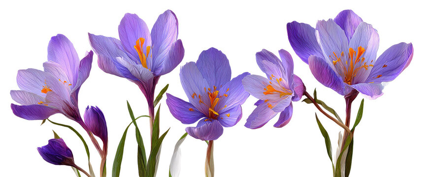 Close-up of four crocus flowers, vibrant purple petals,  with  orange centers,  on a black background