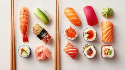 Assorted sushi platter with chopsticks