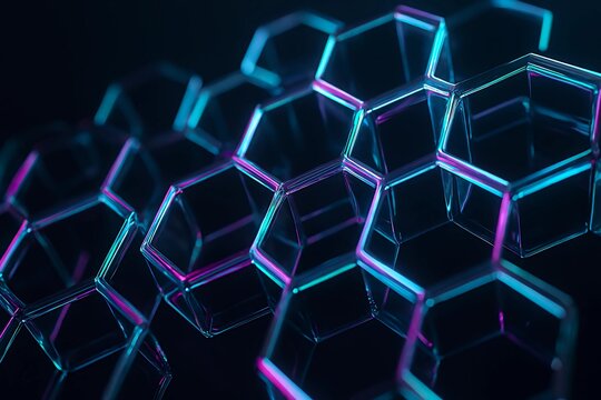 Abstract glowing hexagonal grid with vibrant blue and pink light on a dark background