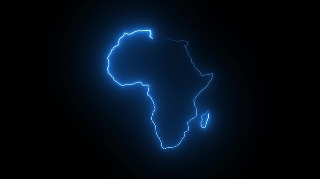 Neon blue Africa map outline with glowing Madagascar on dark gradient, pulsing electric contour animation, seamless 4K loop