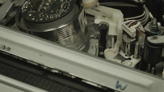 Vcr mechanism inside view showing vintage electronics, while inserting a VHS tape and playing. Detailed view of a classic vcr's electromechanical components and circuitry