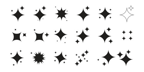 Retro Futuristic Star Icons Collection. Shining, Sparkling, and Twinkling Star Symbols Vector Set