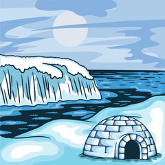Arctic Landscape with Igloo Vector Illustration in Cartoon Style Scene of Iceberg Scenery
