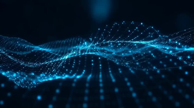 A mesmerizing digital landscape of glowing blue waves, showcasing intricate patterns of illuminated particles weaving through a dark backdrop, creating a stunning visual experience.