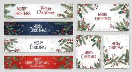 Festive Merry Christmas banners and cards featuring elegant watercolor greenery for your holiday invitations and greetings this season