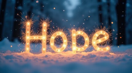 Sparkling word "Hope", festive mood, illuminated with lights against a snowy blue background 
