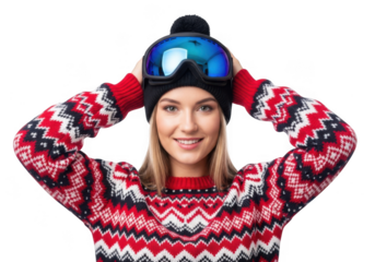 Young woman wearing a red and white patterned sweater and ski goggles, smiling and holding goggles on her head, isolated on transparent background