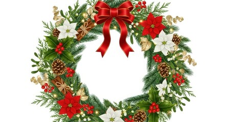 Festive Christmas wreath with red bow, poinsettias, pine cones, and cinnamon sticks brings holiday cheer to your designs this season