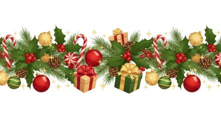 Festive Christmas garland design with cheerful holiday ornaments, candy canes, and gifts for creating stunning seasonal greetings and marketing materials