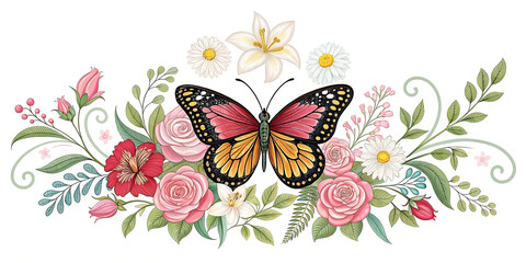 Ornamental butterfly with floral arrangement decorative design element