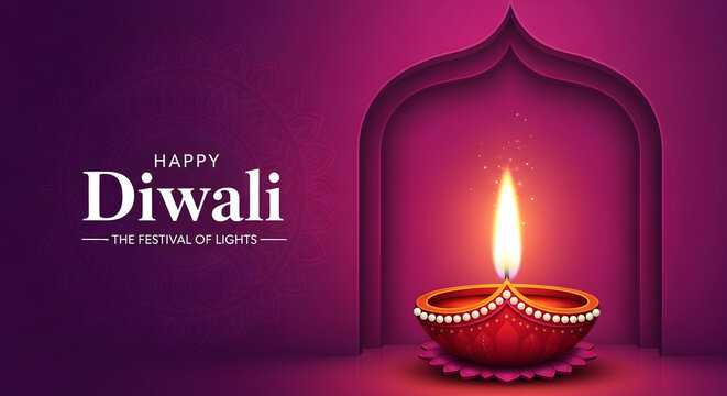Happy Diwali festival of lights greeting card with traditional Diya lamp, ornate arch, and vibrant purple mandala background, a beautiful vector illustration for Hindu celebration.