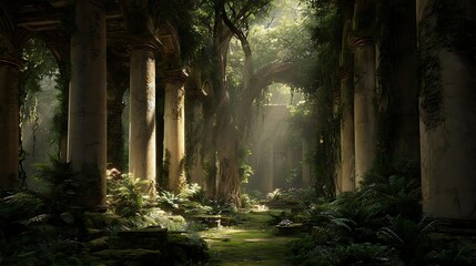 forest, reclaimed, forgotten, temple, mystical, overgrown, enveloping, ancient, abandoned, ruins, lush, greenery, enchanted, woodland, scene, nature, reclaiming, stone, amidst, dense, trees, atmospher