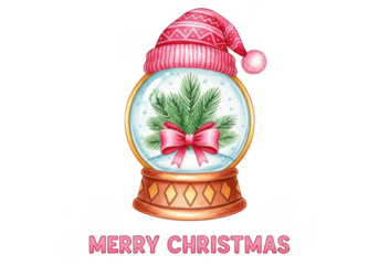 Christmas snow globe with pine branches and a red bow, decorated with a pink santa hat, isolated on transparent background