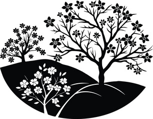 Obraz premium Hillside Spring Blossoms Silhouette | Spring Hill Flower Landscape