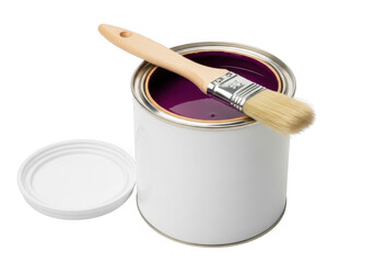 Open can of purple paint with a wooden handled paintbrush resting on the rim, isolated on transparent background