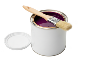 Open can of purple paint with a wooden handled paintbrush resting on the rim, isolated on transparent background