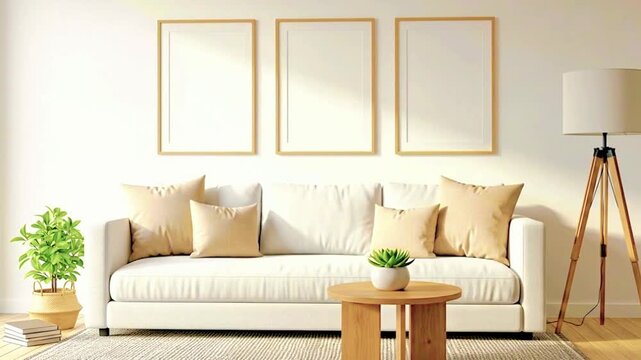 Modern living room with white sofa, beige pillows, and three empty vertical frames on a white wall. Stylish, minimalist, perfect for wall art mockup and home decor design.
