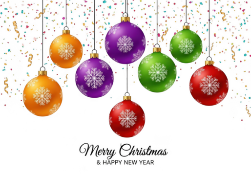 A festive collection of colorful christmas ornaments with snowflakes, hanging against a transparent background with confetti