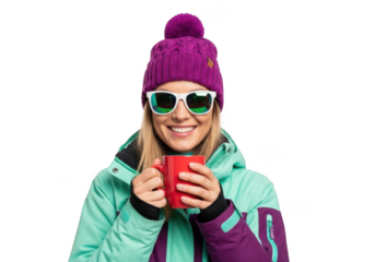 Woman in winter clothing and sunglasses holding a red mug, isolated on transparent background