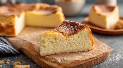 Slice of creamy cheesecake on wooden board