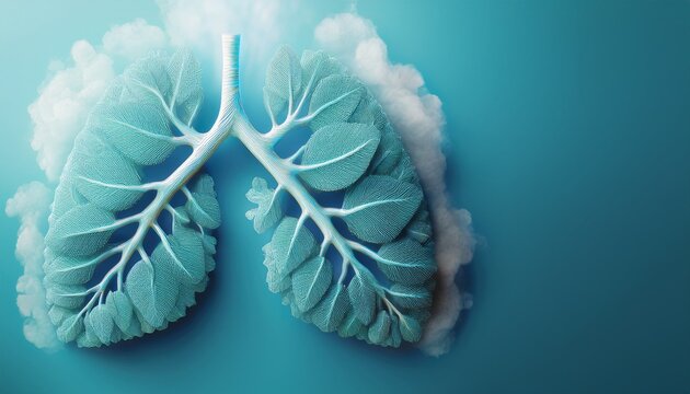 3D light blue lungs with leaf textures, surrounded by bubbles, mist, and clouds. Diagonal top-down view, soft lighting, clean cyan-white gradient background with copy space