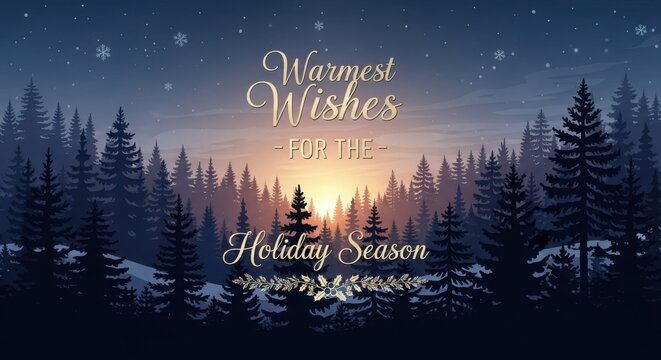 Warmest wishes for the holiday season with a stunning snowy forest sunset and festive greetings
