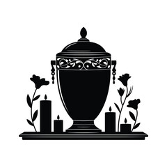 Elegant silhouette of a funeral urn with candles and flowers