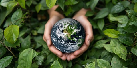 Protective hands cradling planet surrounded foliage world environment care illustration
