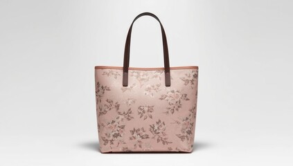 Stylish floral tote bag with brown handles isolated on white background