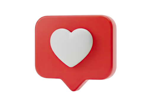 Red Speech Bubble Heart White Icon, Transparent background, 3D Rendered
