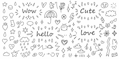Collection of cute hand drawn doodle elements with words like wow hello love and cute
