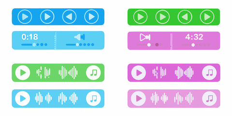Obraz premium Collection of colorful audio message interfaces with play buttons sound waves and music notes