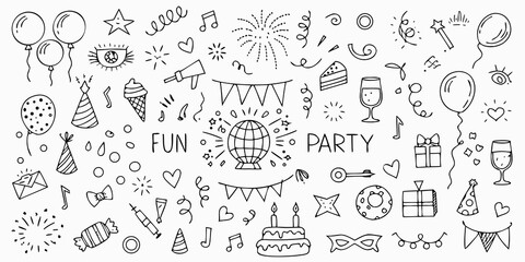 Collection of hand drawn doodle elements for a fun birthday celebration party