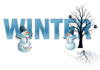 Two snowmen with hats and a bare tree with the word winter in blue letters isolated on transparent background
