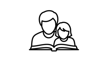 Father and daughter reading a book together simple line art style