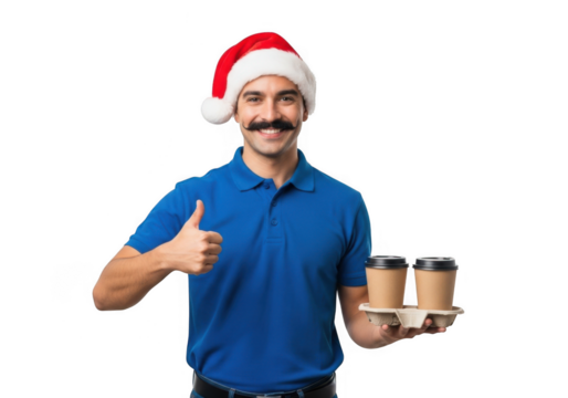 Man wearing a santa hat giving a thumbs up and holding two cups of coffee, isolated on transparent background