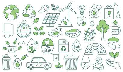Obraz premium Collection of green eco-friendly icons representing sustainability and environmental protection Keywords: eco, environment, green, sustainability