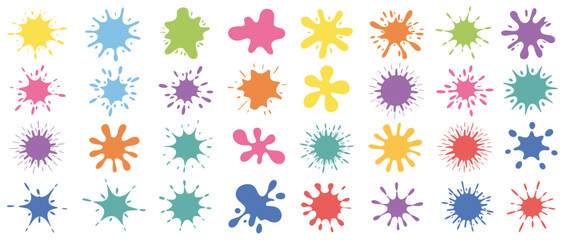 Diverse collection of 30 colorful paint splatters and splashes on white background vibrant abstract