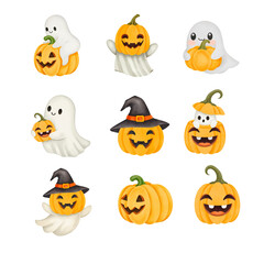 Cute halloween ghosts and pumpkins with happy faces