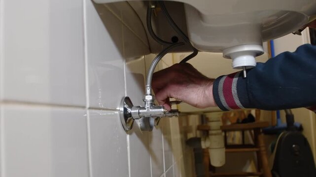 Professional plumber's hand turning an angle stop valve to shut off the water supply to a bathroom sink before starting repairs, ensuring a safe and dry working environment for plumbing maintenance
